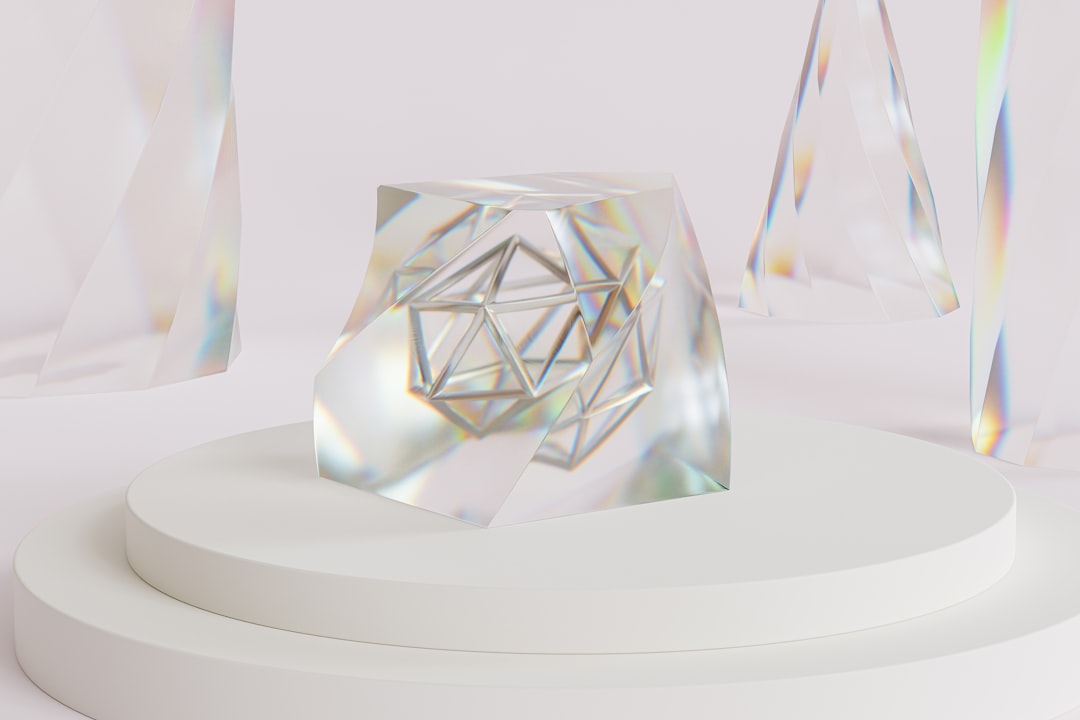 Abstract glass crystal with dispersion on podium or pedestal, beige background, minimal 3d illustration render